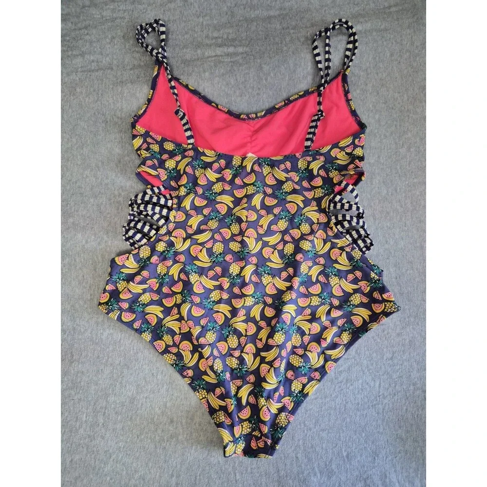 Size XL Bongo Women's One Piece 90s Y2K Fruit Print Swimsuit Waist Cutout Straps